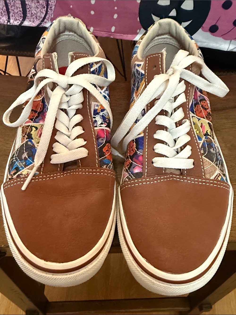 Vans Brown Disney Collab Leather Low-Top Sneakers with Multicolor Cartoon Panels